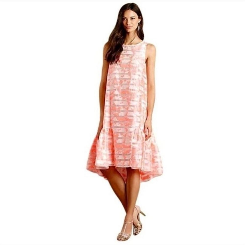 Anthropologie HD in Paris Trikala Dress, Neon Pink Orange Hi-Low, Sleeveless | M